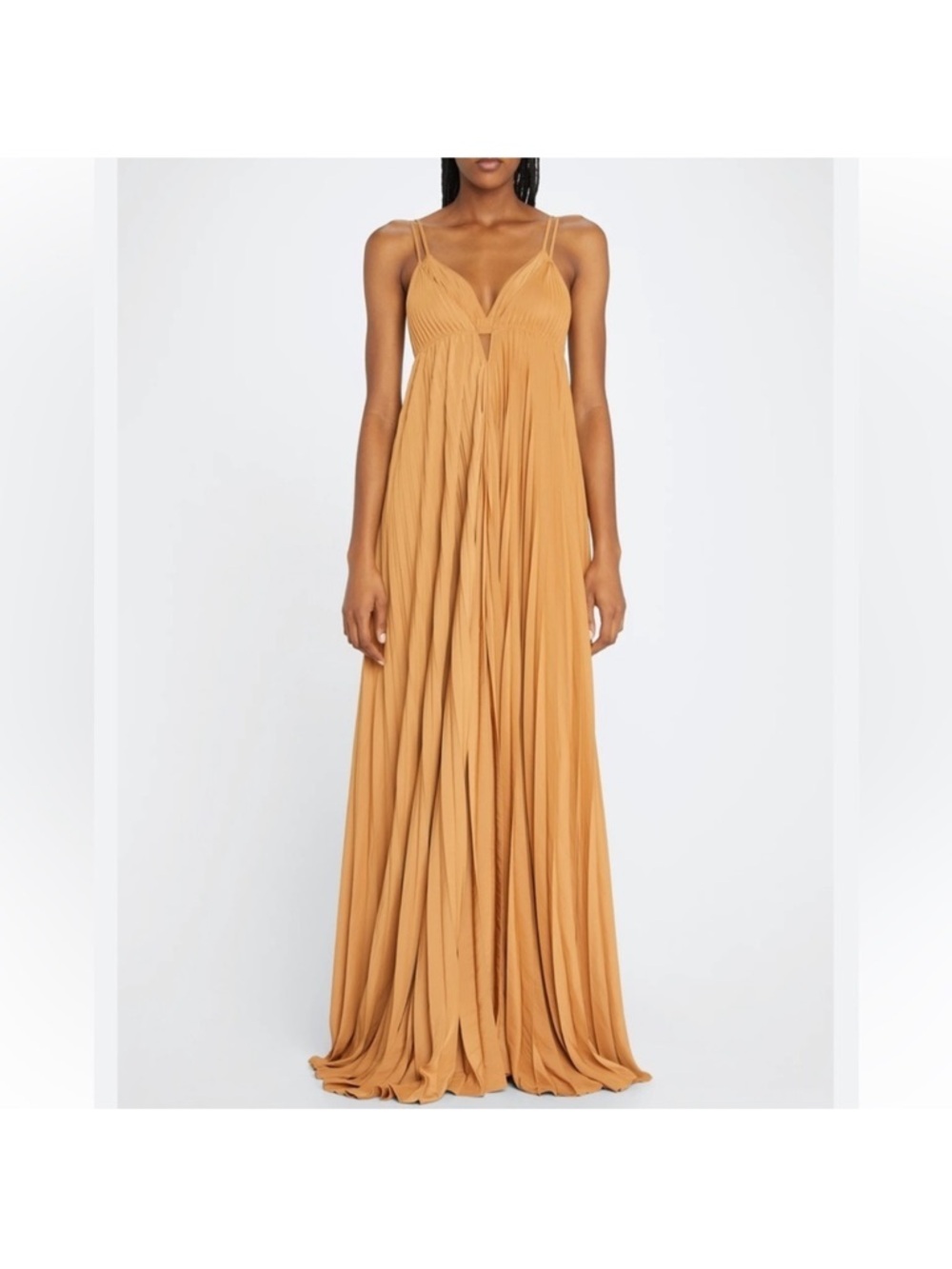 A.L.C. Spaghetti-Strap Pleated Maxi Dress in Camel | Arianna Pleated Maxi Dress - Picture 2 of 4